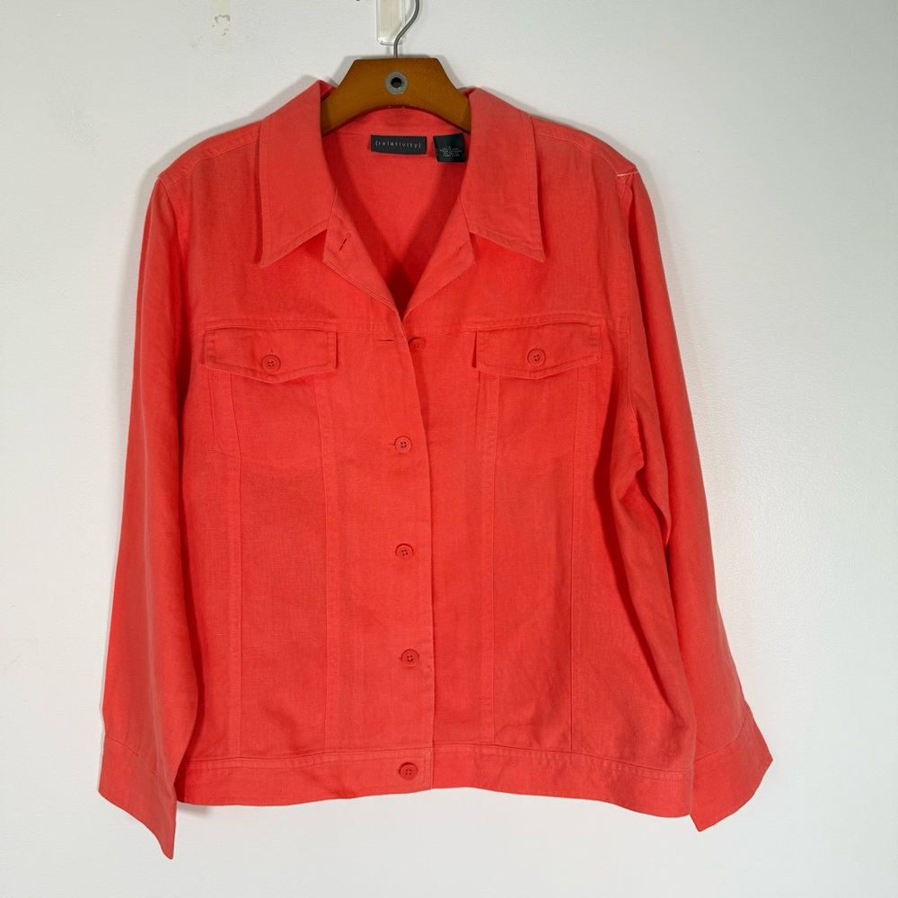 Relativity 100% Linen Coral Light Jacket Button Up Utility Casual Coastal L